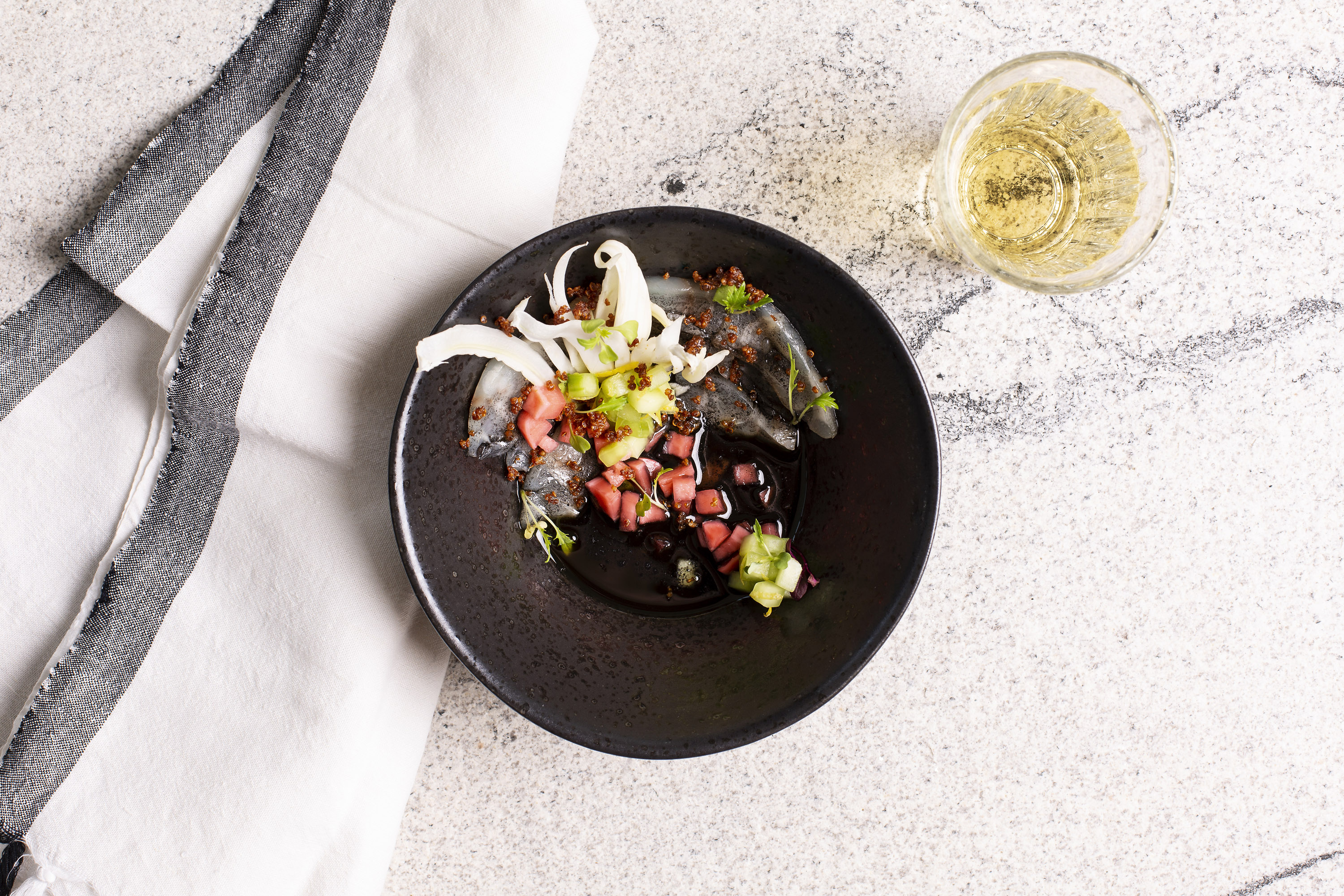 Basalt - Ceviche with squid ink tiger's milk, pickled radish, marinated cucumber &amp; crispy quinoa (HR) 3 photo Annalize Nel