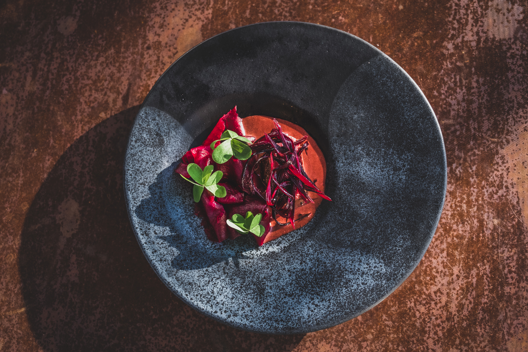 Springbok with salt baked beetroot, nutmeg cream, candied beetroot stems and sorrel HR
